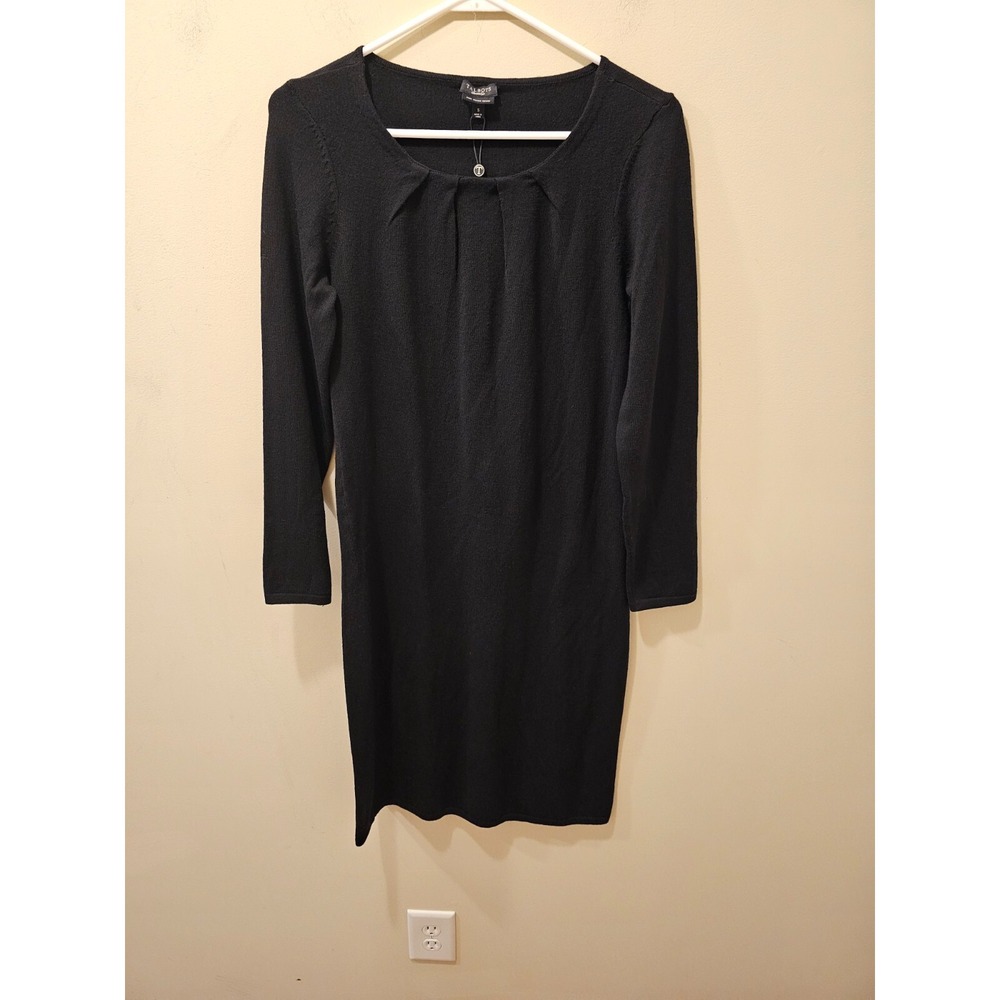 NWT Women's Talbots Sweater Dress Black Merino Wool Blend Pleated Neckline Small
